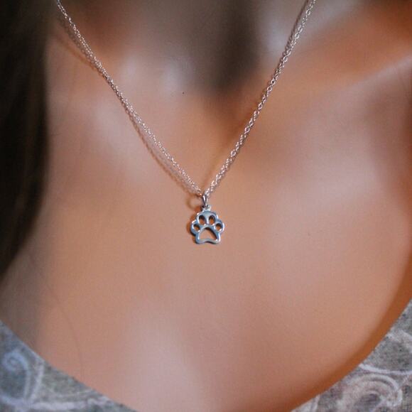 Sterling Silver Paw Print Necklace, Puppy Paw Print Necklace - Picture 1 of 3